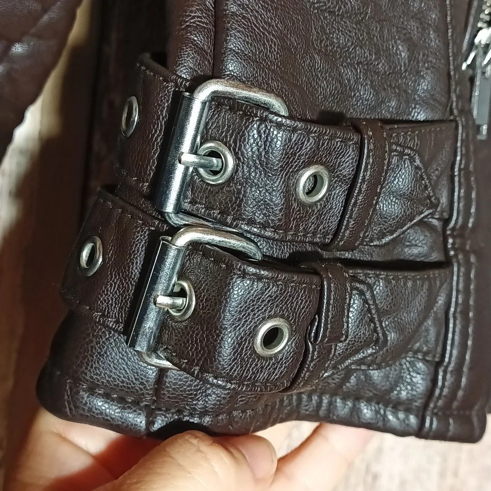 Mango Brown faux leather bomber biker jacket coat zipper pockets buckles small - Picture 4 of 7